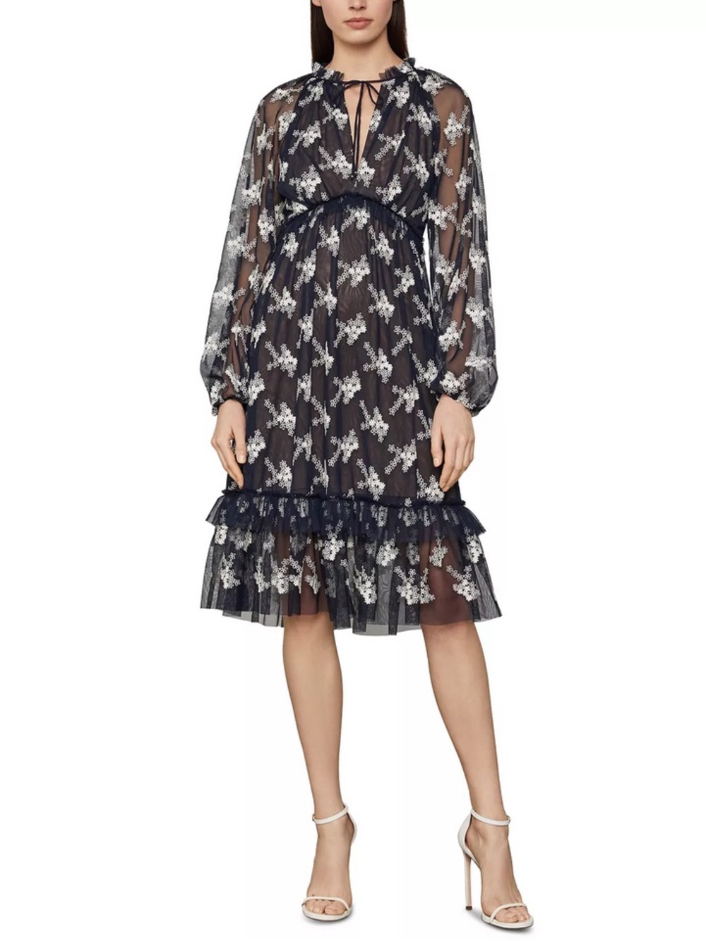 BCBGMaxAzria Navy Blue White Embroidered Dress Small Wedding Babydoll